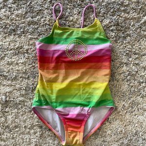 Pink Green Peace Sign Rainbow 1pc Swim Suit Girl sz 4/5